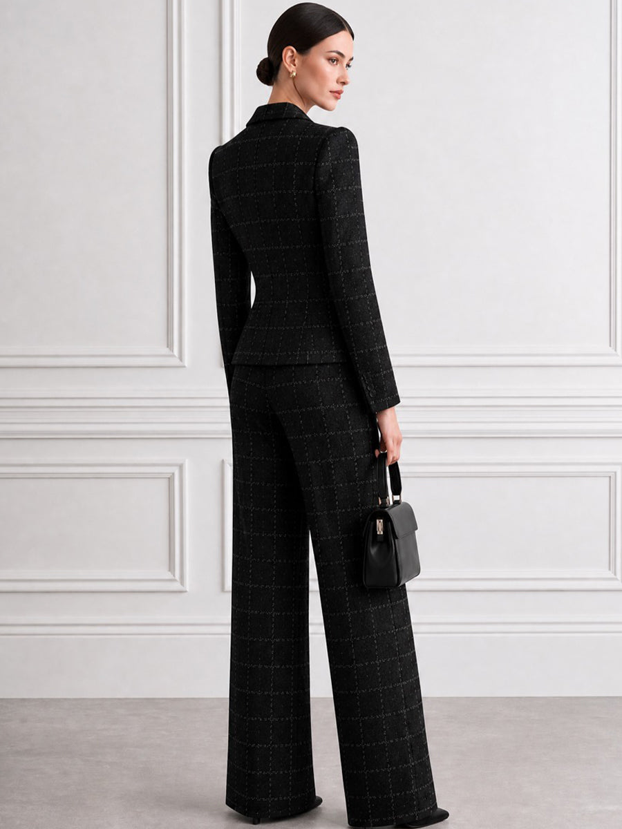 Women's Windowpane Plaid Blazer & Wide-Leg Pants Two-Piece Suit Set