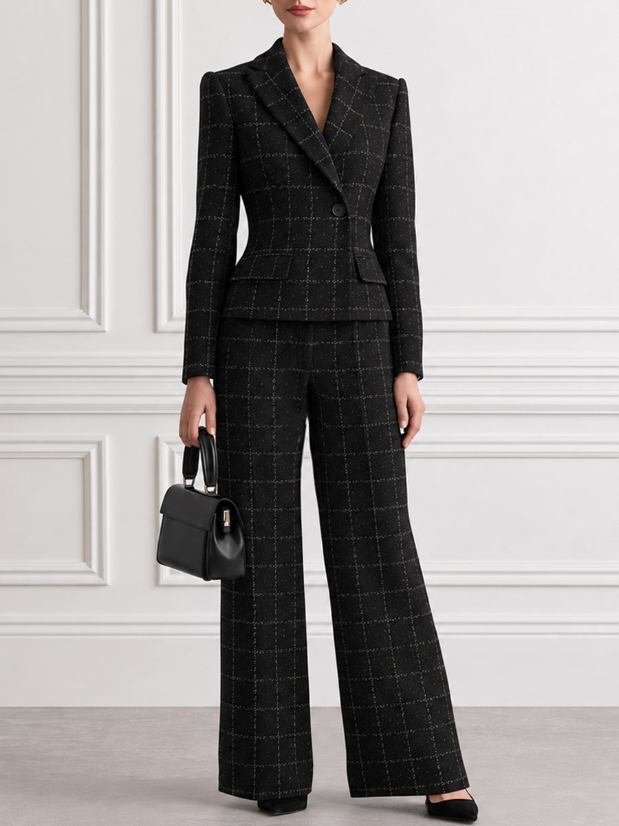 Women's Windowpane Plaid Blazer & Wide-Leg Pants Two-Piece Suit Set