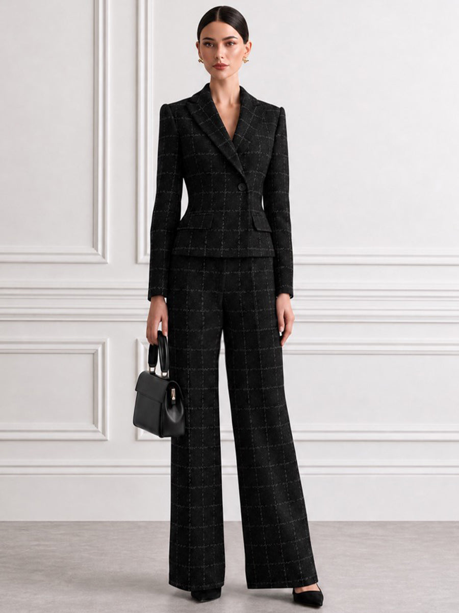 Women's Windowpane Plaid Blazer & Wide-Leg Pants Two-Piece Suit Set