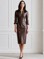 Women's V-Neck Faux Leather Long Sleeve Bodycon Midi Dress