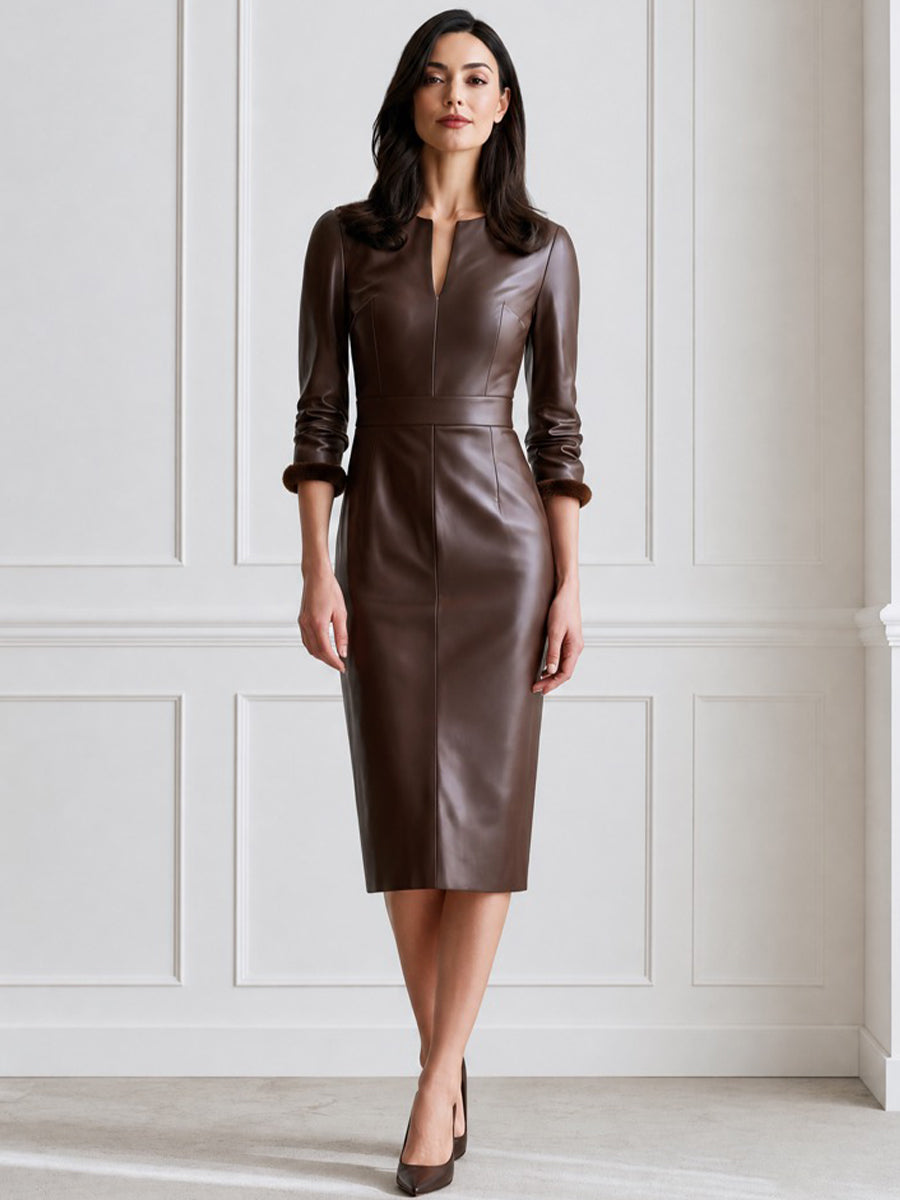 Women's V-Neck Faux Leather Long Sleeve Bodycon Midi Dress