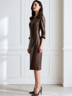 Women's V-Neck Faux Leather Long Sleeve Bodycon Midi Dress