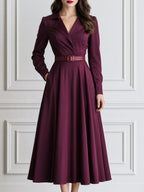 Elegant Notched-Lapel Belted Fit-and-Flare Midi Dress