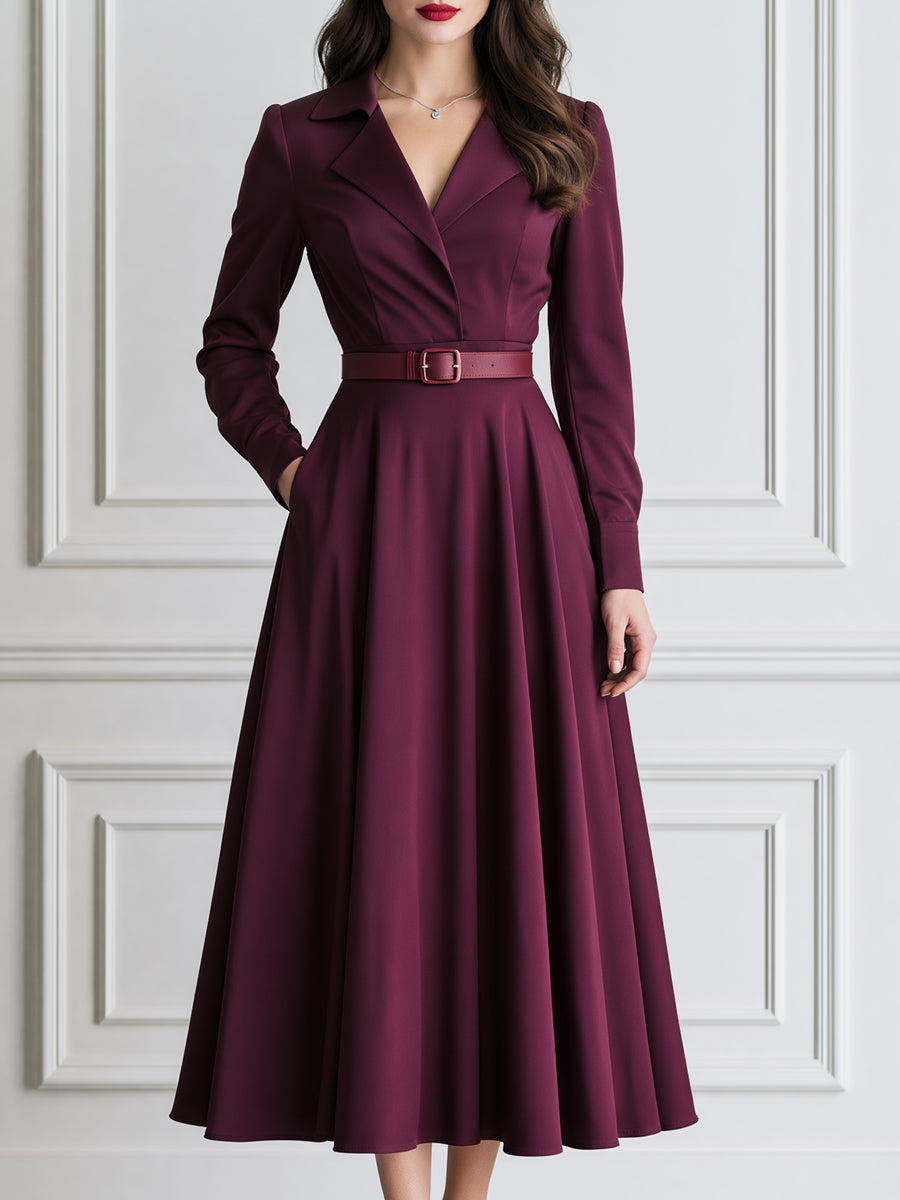 Elegant Notched-Lapel Belted Fit-and-Flare Midi Dress