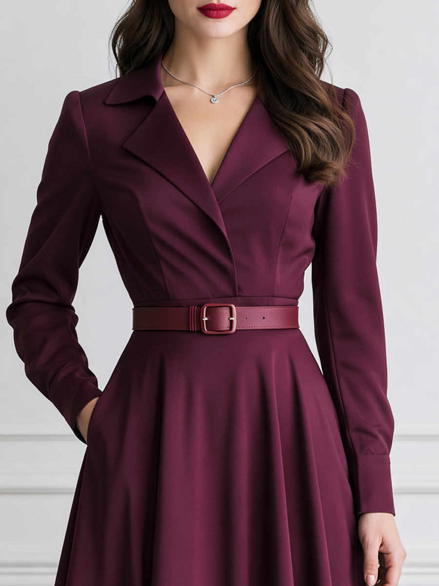 Elegant Notched-Lapel Belted Fit-and-Flare Midi Dress