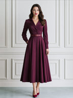 Elegant Notched-Lapel Belted Fit-and-Flare Midi Dress