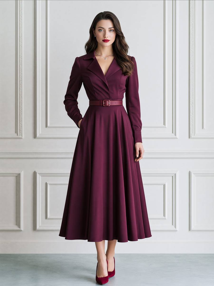 Elegant Notched-Lapel Belted Fit-and-Flare Midi Dress
