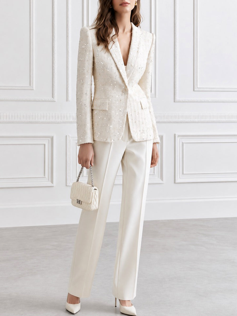 Sequin Embellished Tweed Blazer with Peak Lapel