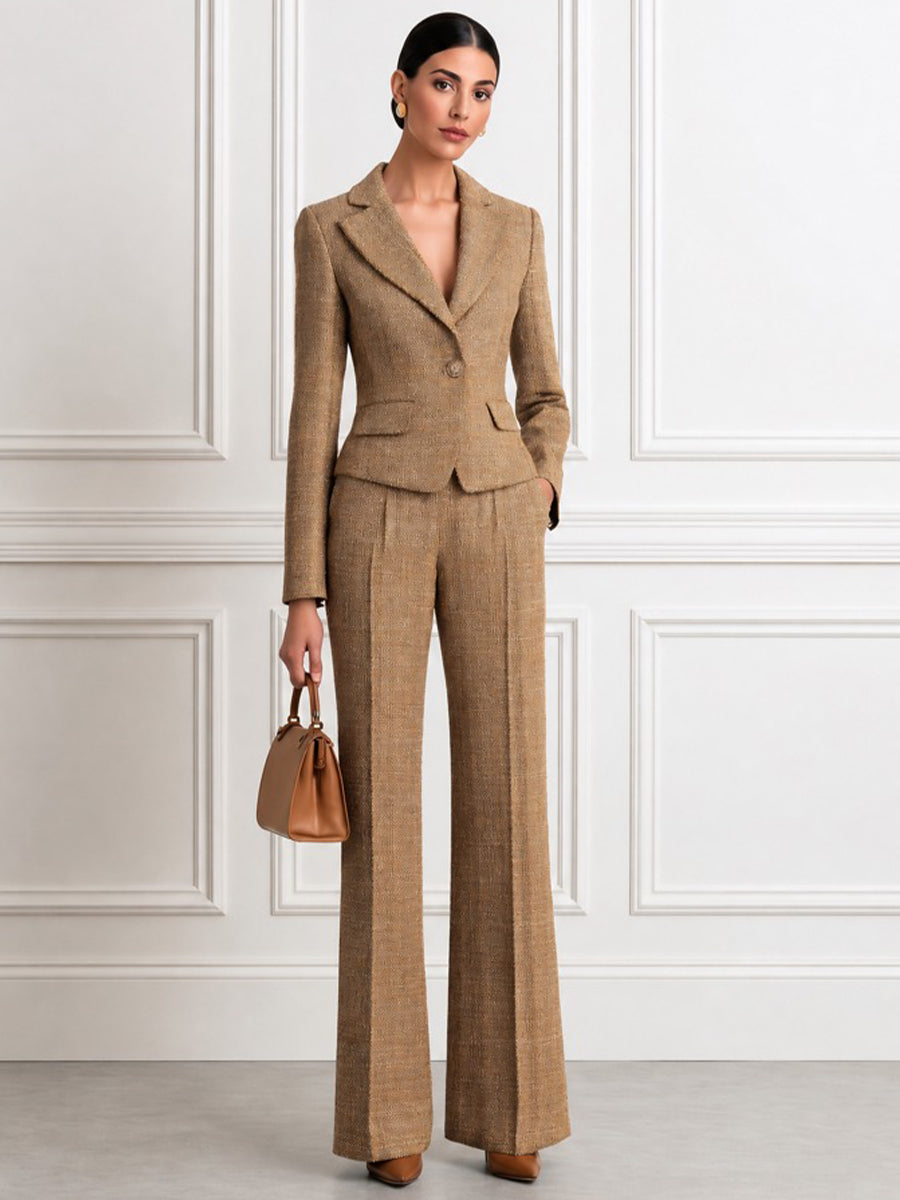 Women's Tweed Blazer & Wide Leg Pants Two-Piece Suit Set
