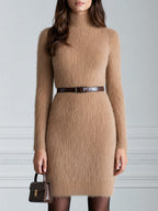 Fuzzy Knit Mock Neck Belted Sweater Midi Dress