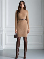 Fuzzy Knit Mock Neck Belted Sweater Midi Dress