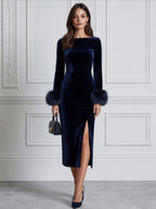 Elegant Velvet Boat Neck Faux Fur Cuff Slit Midi Dress