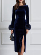 Elegant Velvet Boat Neck Faux Fur Cuff Slit Midi Dress