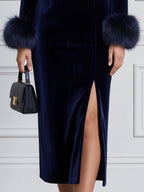 Elegant Velvet Boat Neck Faux Fur Cuff Slit Midi Dress