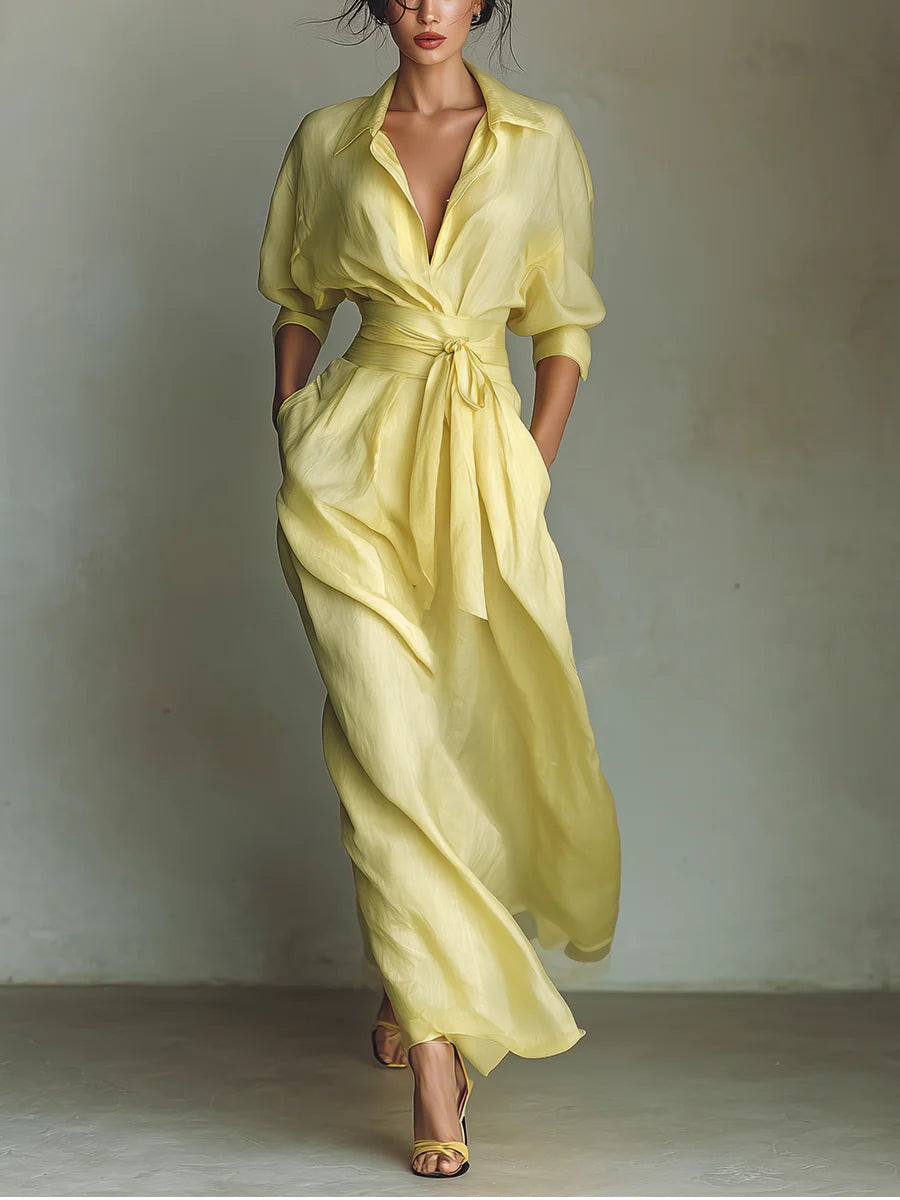 Yellow  Maxi Shirt Dress With Tie Waist & Half Sleeves