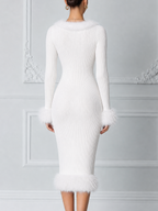White Dress Stockholm Style Ribbed Knit Feather Trim Midi Dress