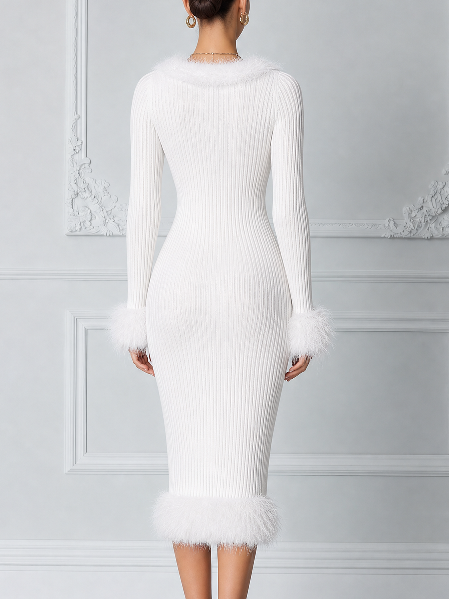 White Dress Stockholm Style Ribbed Knit Feather Trim Midi Dress