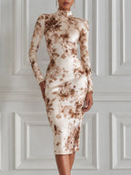 Ivory Brown Floral Print High Neck Bodycon Midi Dress