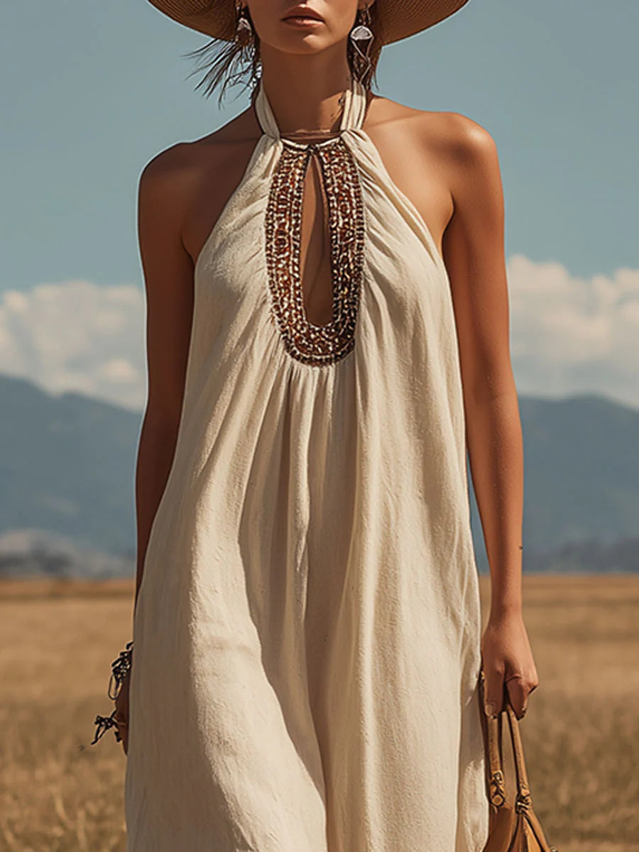 Western-Style Retro Sleeveless Maxi Dress with Contrast Binding