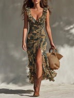 Green Botanical Print Chiffon Maxi Dress