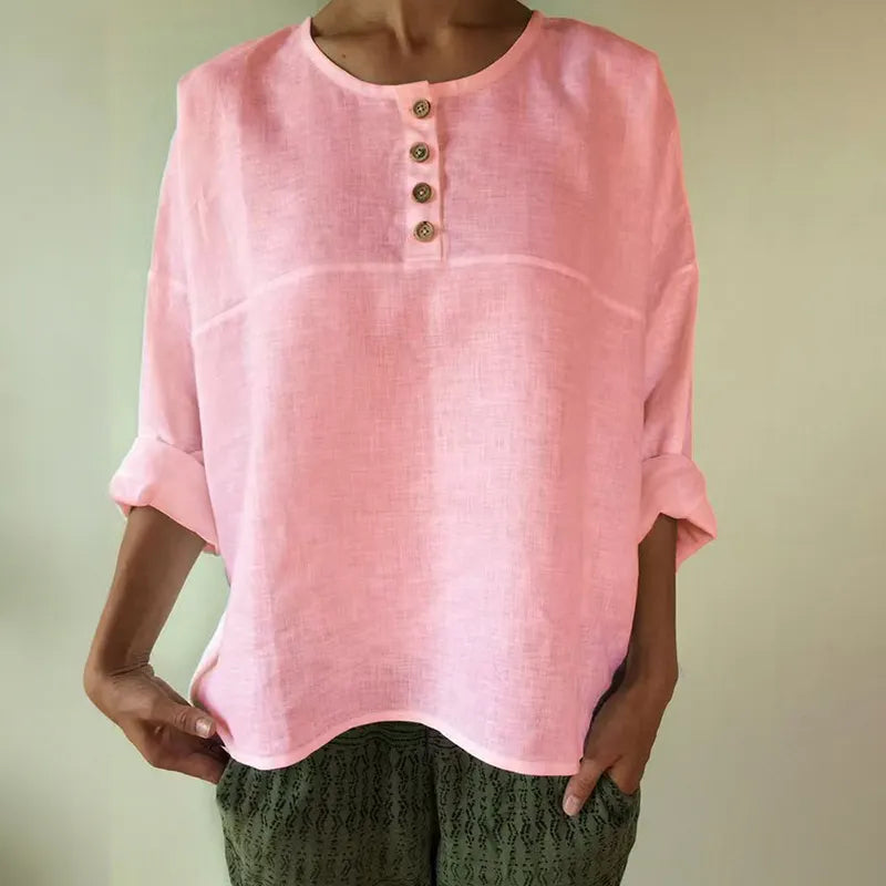 Solid Color Patchwork Long-sleeved Cotton And Linen Button Shirt