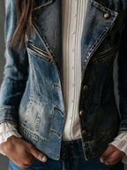 Vintage Washed Denim Moto Biker Zip Slim Jacket