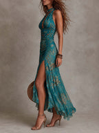 Vintage Bohemian Floral Chiffon Halter Smocked Waist Ruched High Slit Maxi Dress