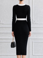 Contrast Peter Pan Collar Ribbed Knit Bodycon Midi Dress with Gold Buttons