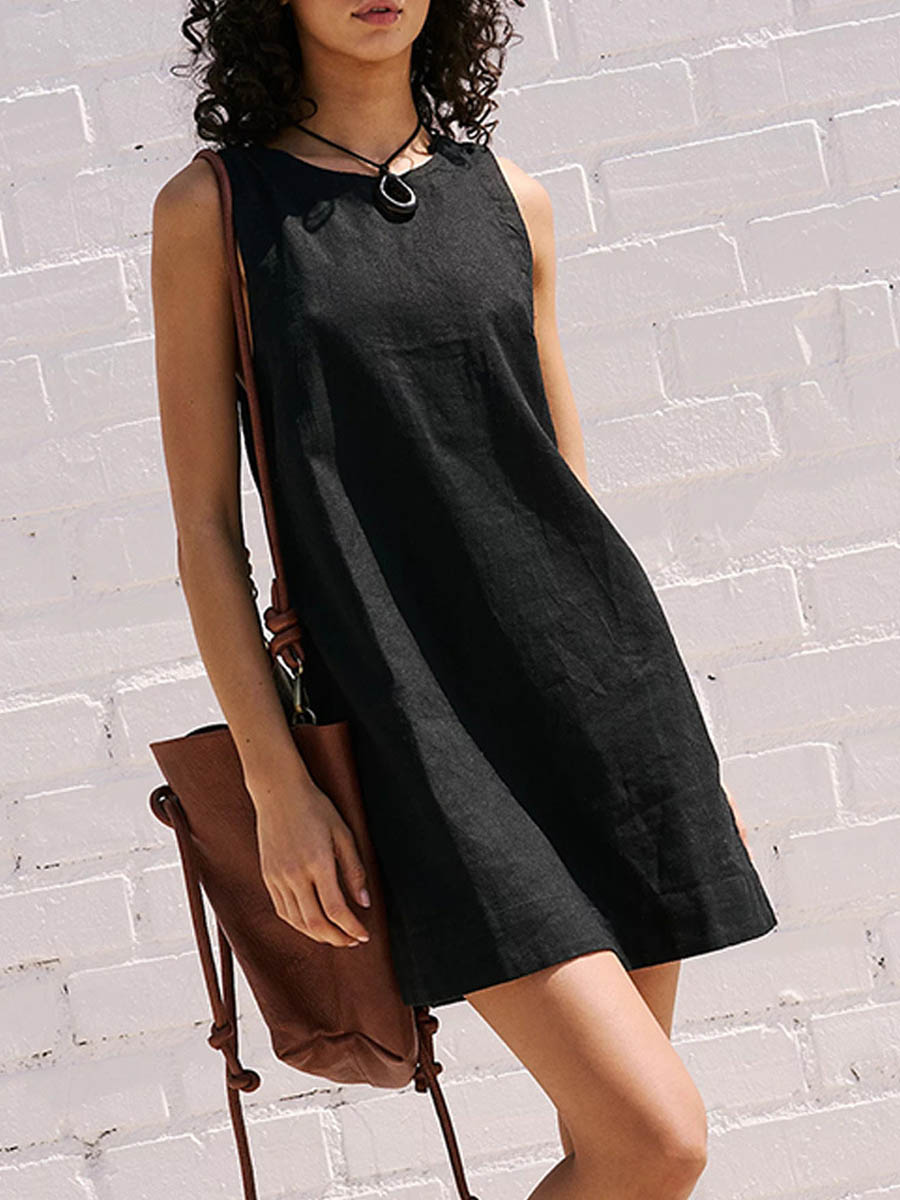 Women's Solid Color Loose Stylish Casual Sleeveless Cotton Dress