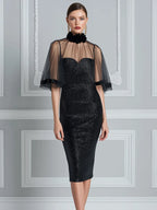 Floral High-Neck Sheer Cape Sequin Midi Dress