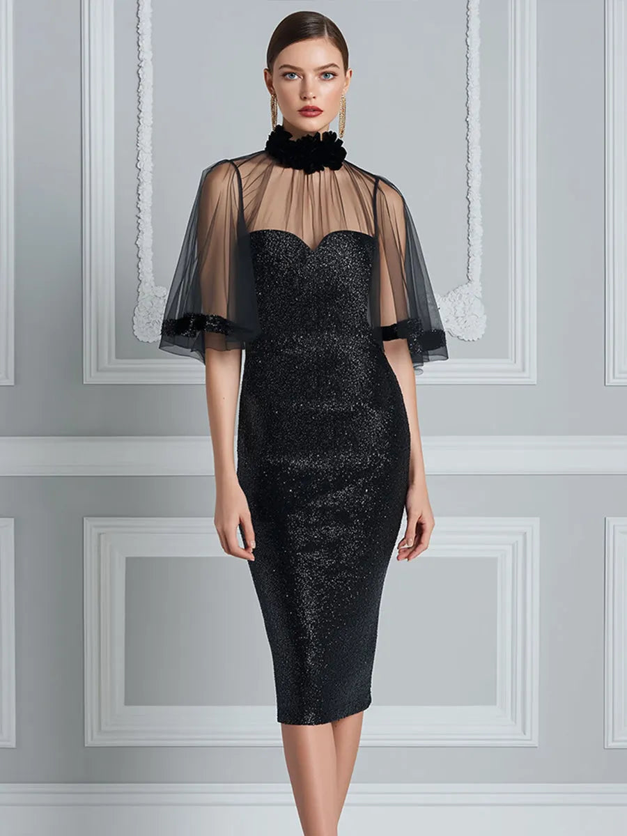 Floral High-Neck Sheer Cape Sequin Midi Dress