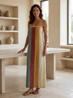 Bohemian Style Striped Color Block Spaghetti Strap Long Dress