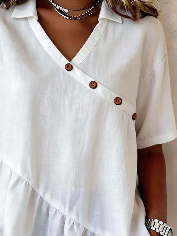 Casual Buttons Ruffled Hem Cotton-linen Shirt Top