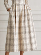 Ivory Plaid Square Neck Long Sleeve Pleated A-Line Midi Dress