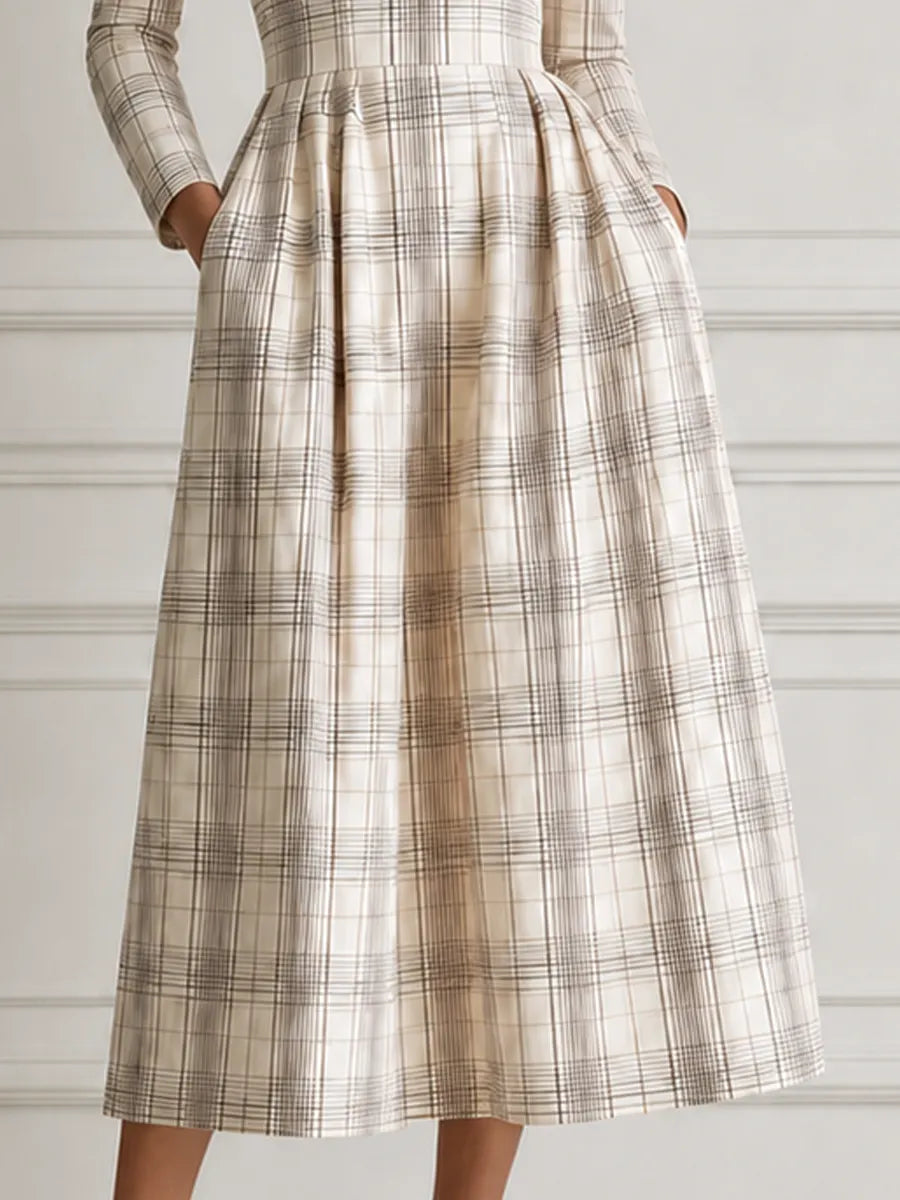 Ivory Plaid Square Neck Long Sleeve Pleated A-Line Midi Dress