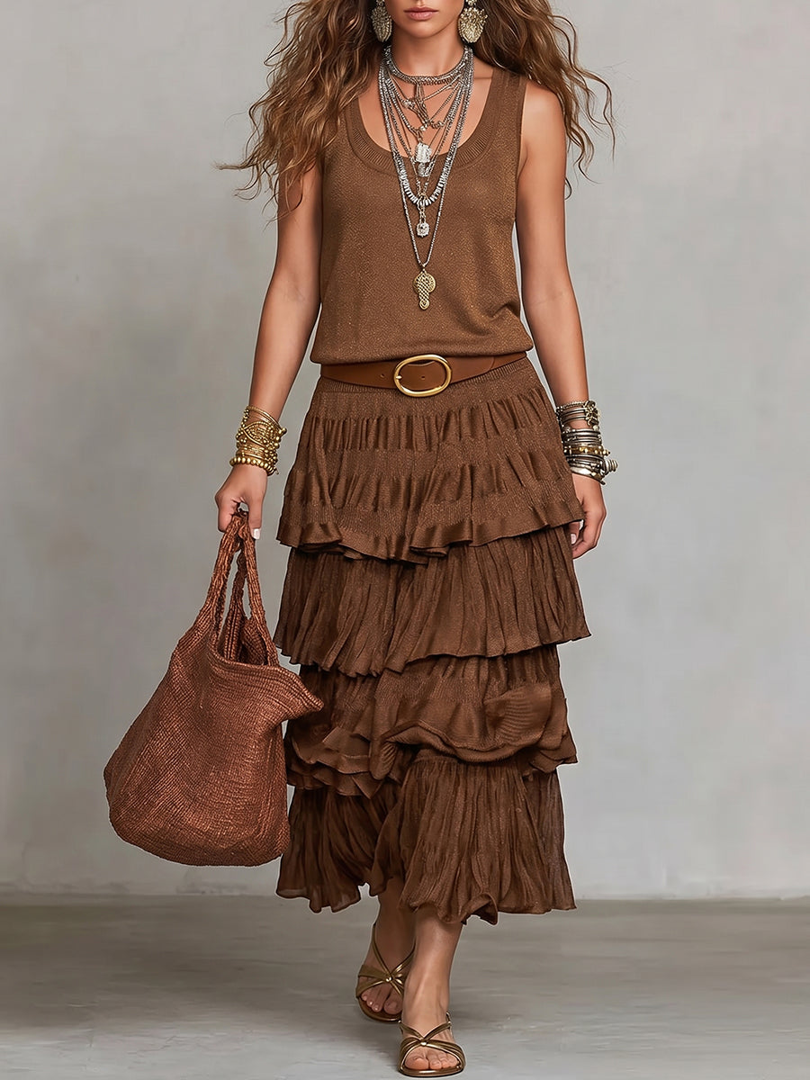 Women's Square-neck Sleeveless Multi-layered Ruffle Dress