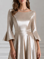 Champagne Velvet Bell-Sleeve A-Line Midi Dress