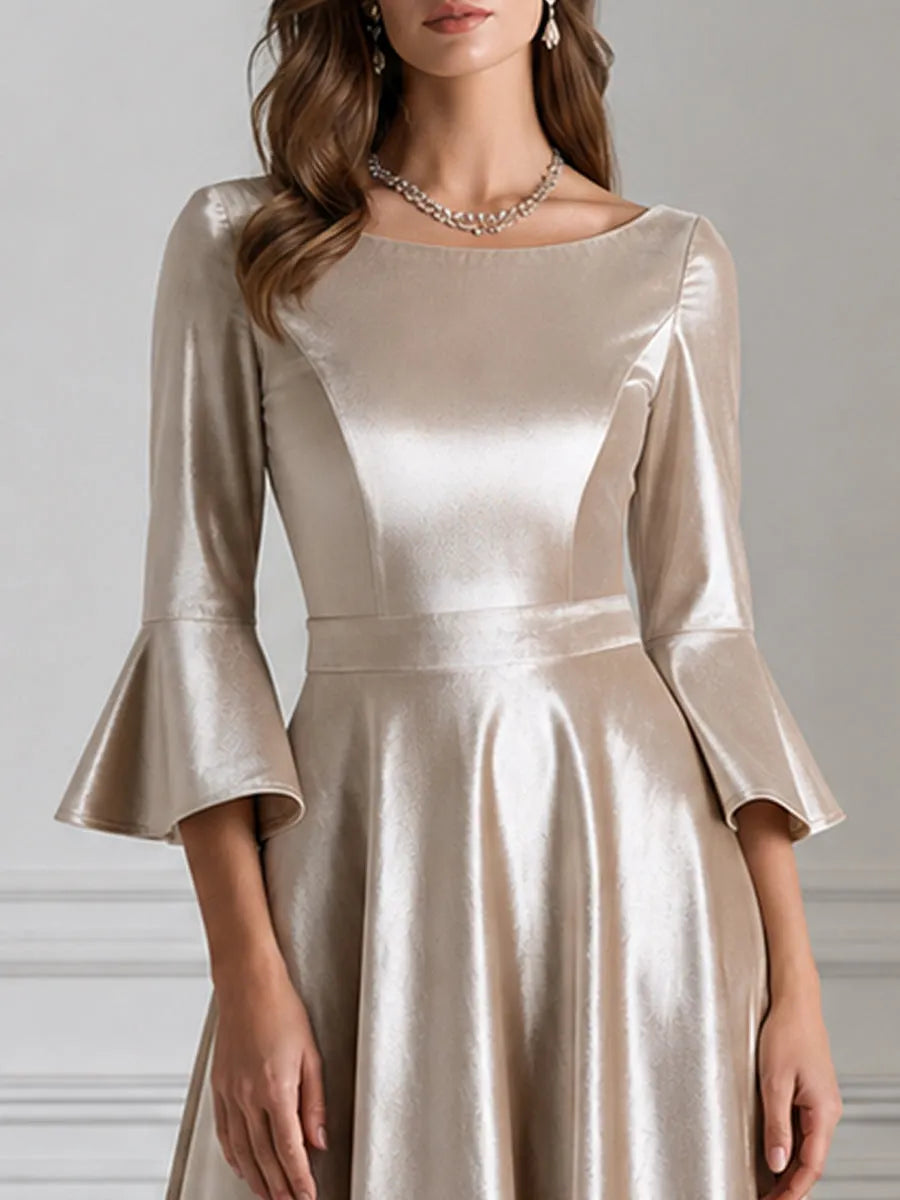 Champagne Velvet Bell-Sleeve A-Line Midi Dress