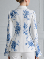 White Blue Floral Tailored Blazer