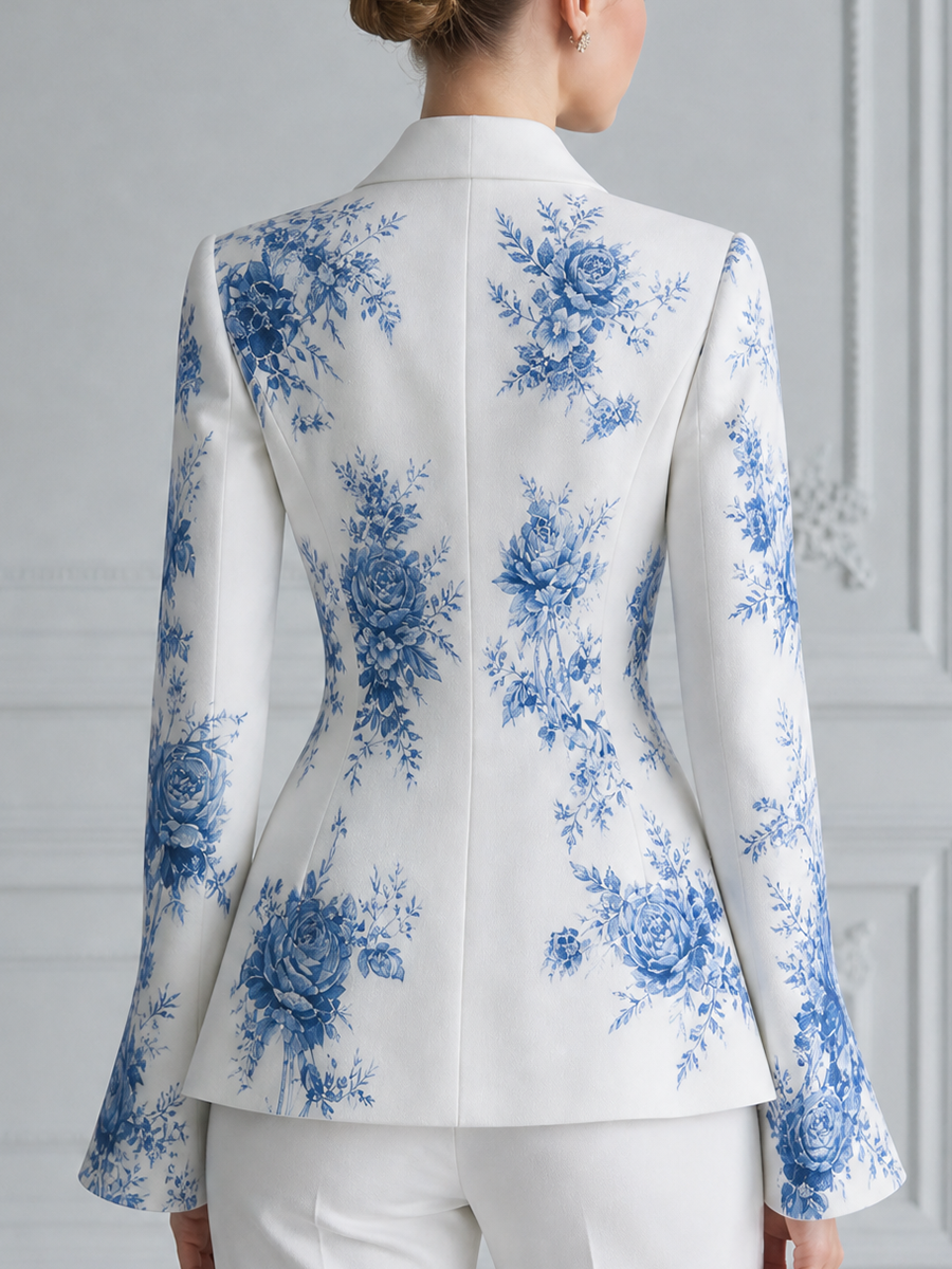 White Blue Floral Tailored Blazer