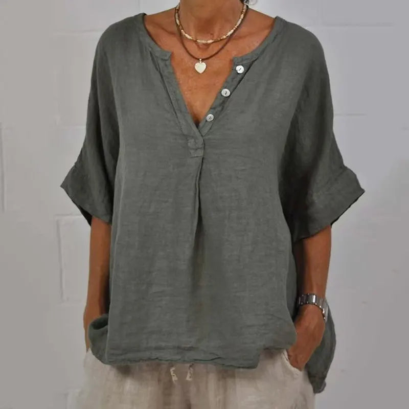 Women's Solid Color Button Linen V-neck Shirt