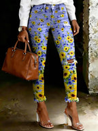 Women's Sunflower Gradient Floral Art Print Spots Ripped Skinny Jeans