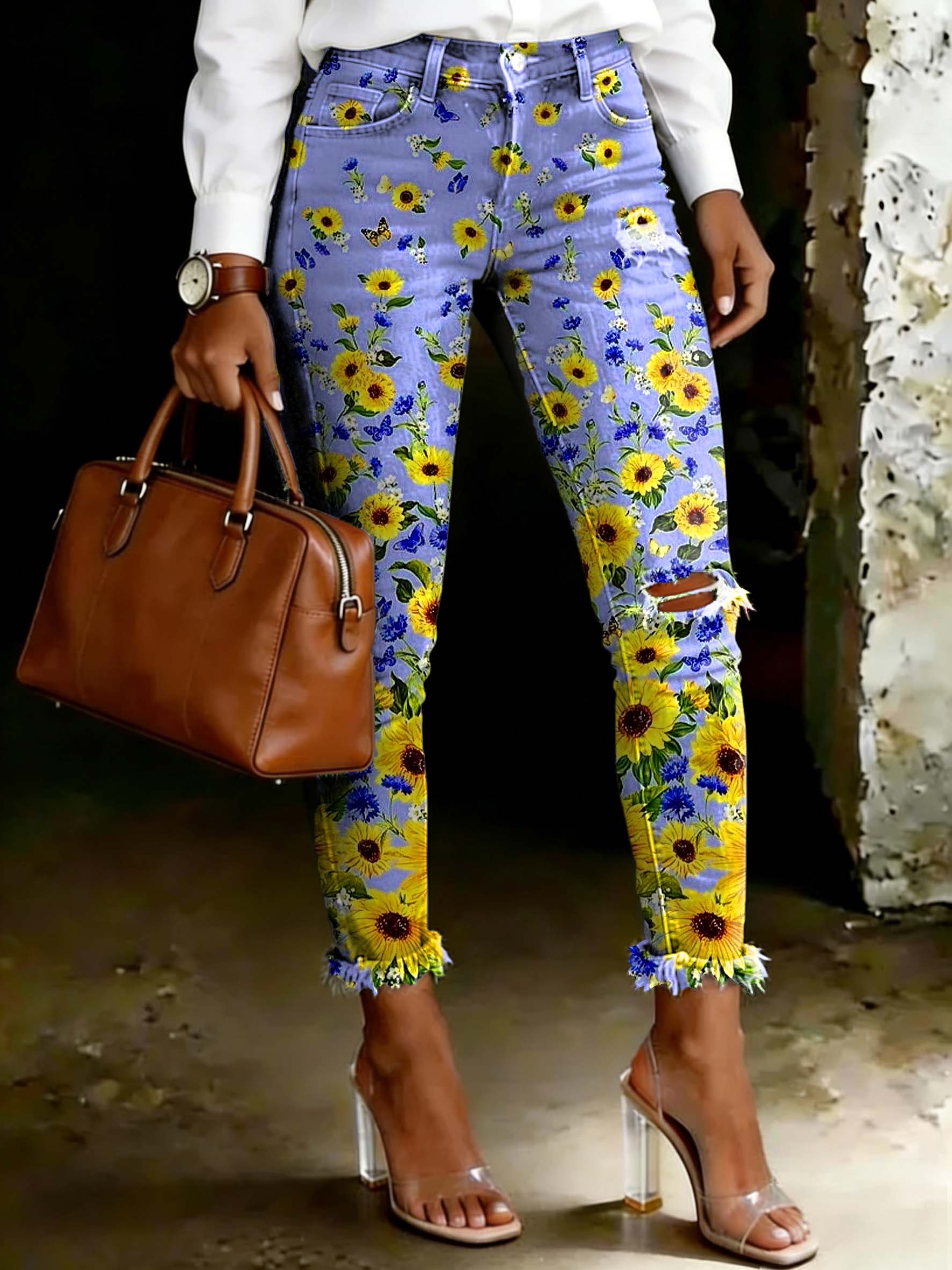 Women's Sunflower Gradient Floral Art Print Spots Ripped Skinny Jeans
