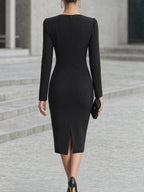 V-Neck Gold-Tone Ring Ruched Midi Dress