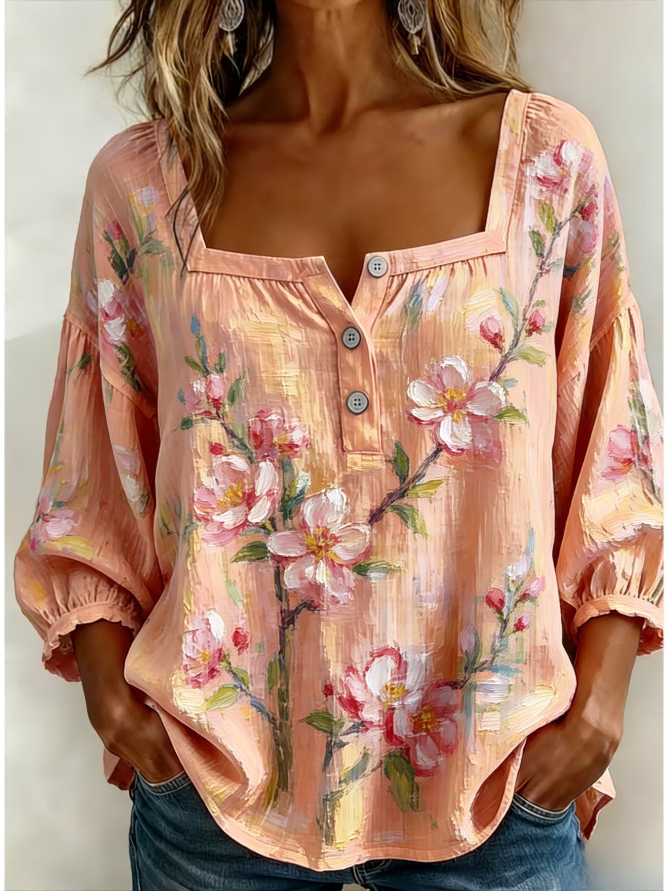 Printed Tie-Front Patchwork Crew-Neck Shirt