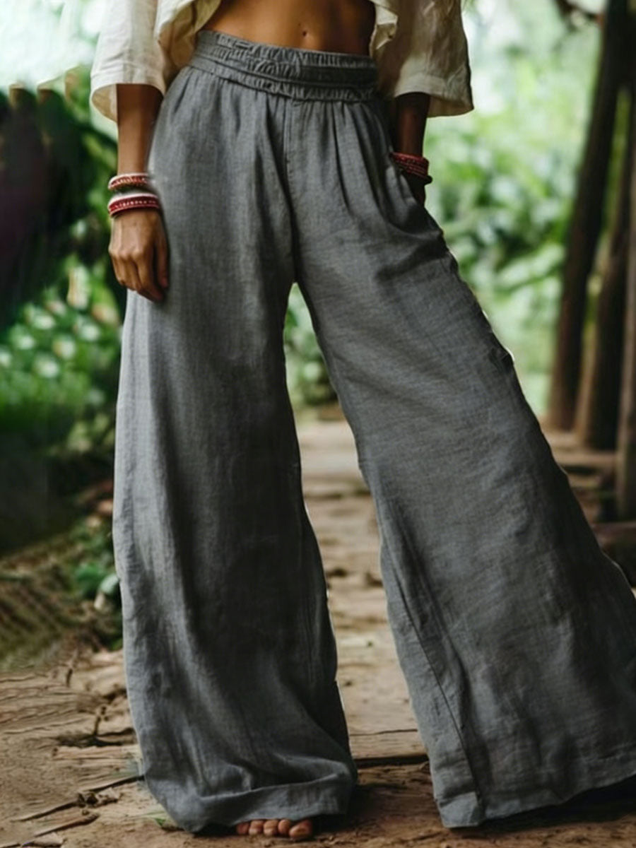 Women's Solid-color Elastic Waist Casual Cotton-linen Wide-leg Pants