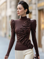 Puff Sleeve Mock Neck Top with 3D Rose Flower Applique
