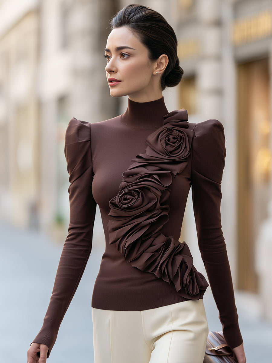 Puff Sleeve Mock Neck Top with 3D Rose Flower Applique