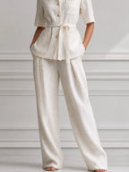 Ivory Linen Stand Collar Belted Jacket & Wide Leg Trousers Two-Piece Suit Set