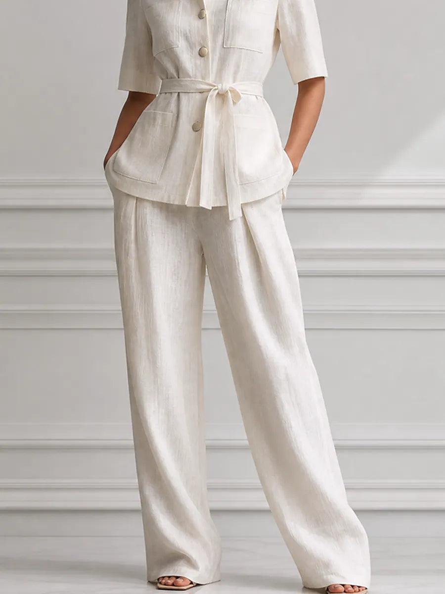 Ivory Linen Stand Collar Belted Jacket & Wide Leg Trousers Two-Piece Suit Set